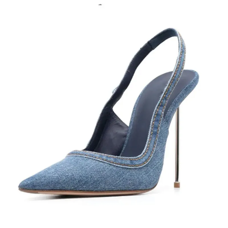 2024 Women's Fashion Blue Denim Thin High Heel Single Shoes European and American Pointed Back Strap Shallow Mouth Sandals