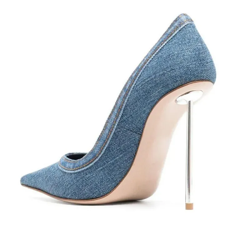 2024 Women's Fashion Blue Denim Thin High Heel Single Shoes European and American Pointed Back Strap Shallow Mouth Sandals