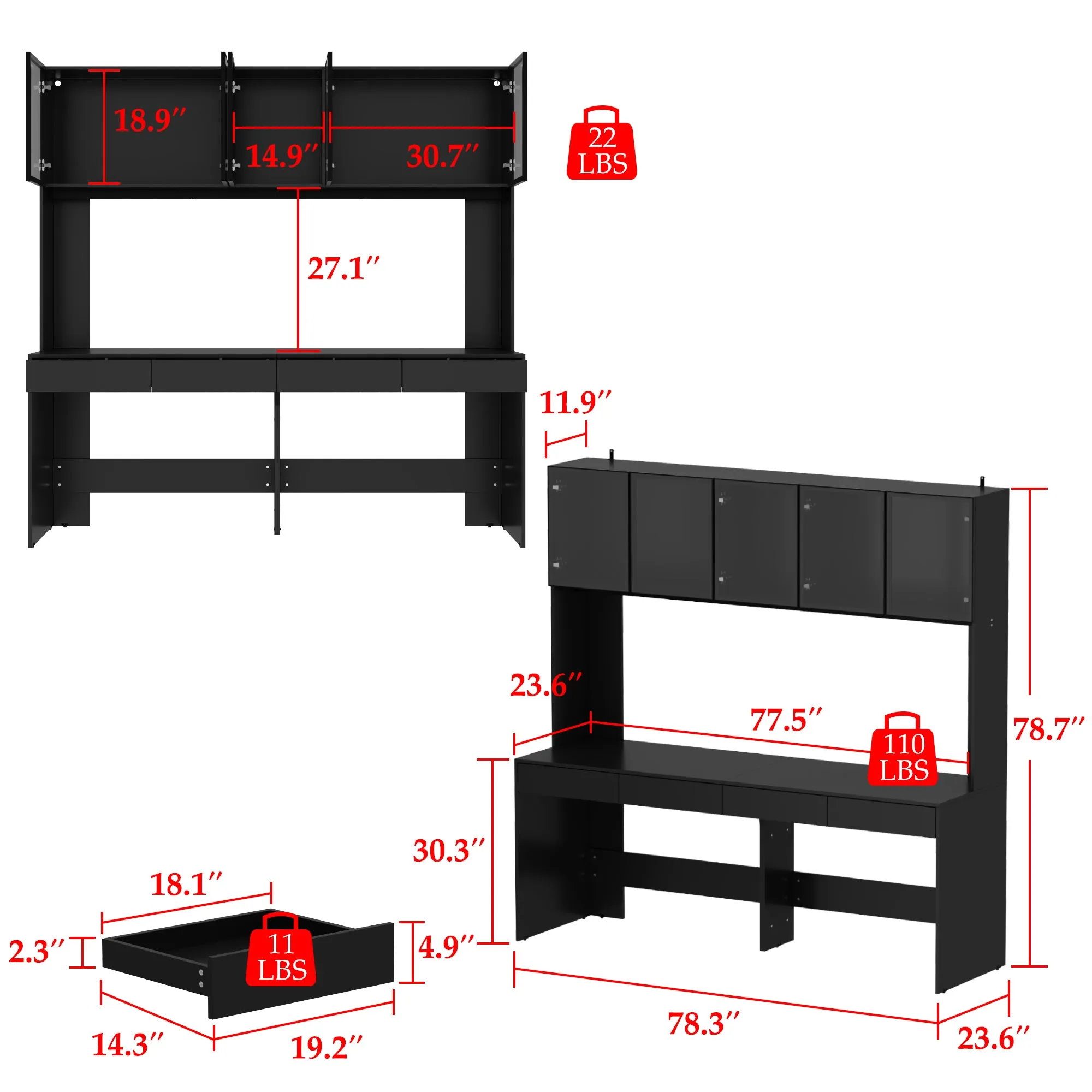 79" H x 78" W Desk with Hutch and LED Lights