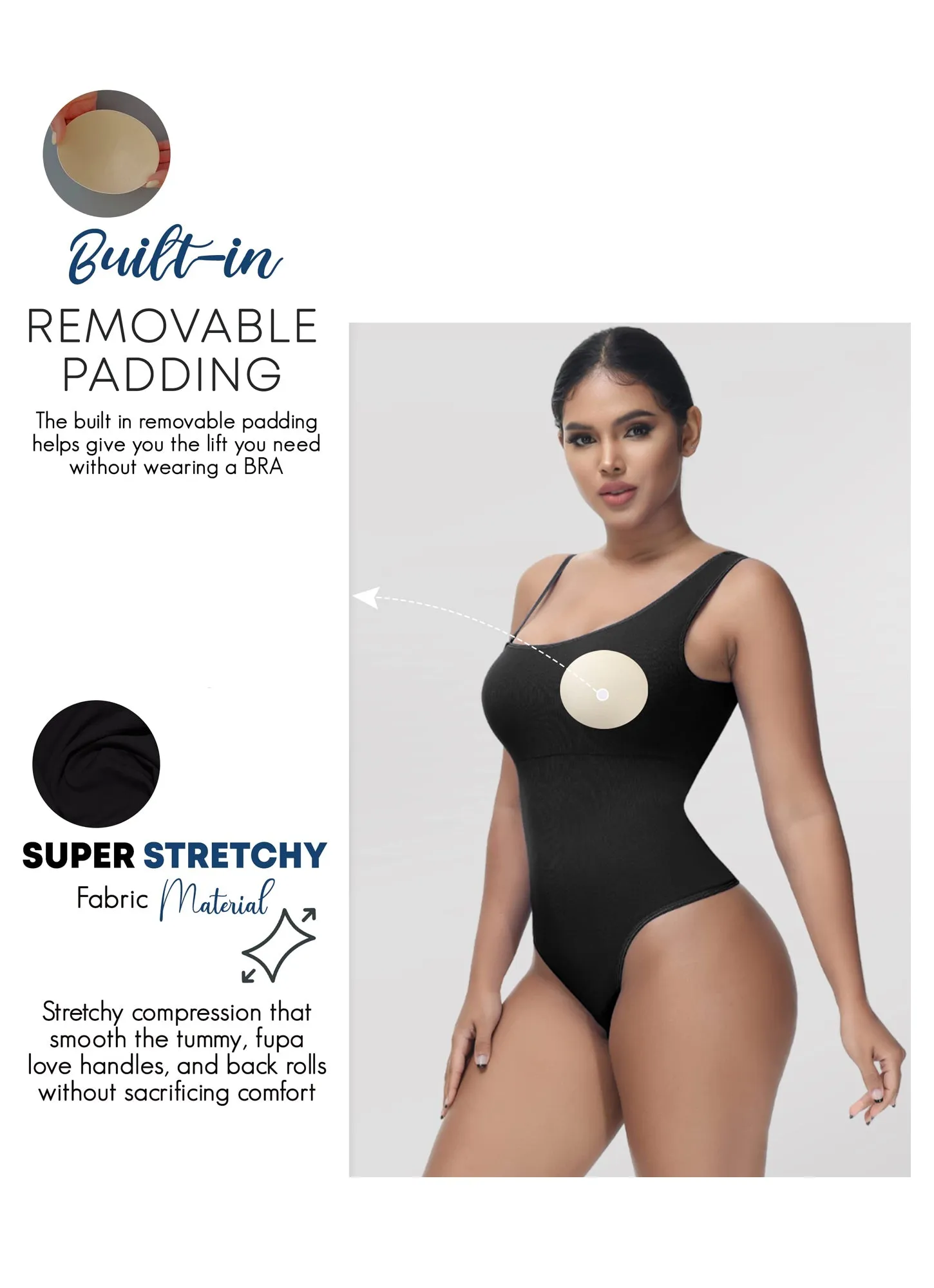 Bodysuit for Women Tummy Control Tops Mono Strap Thong Sculpting Clothings with Removable Padding and Straps