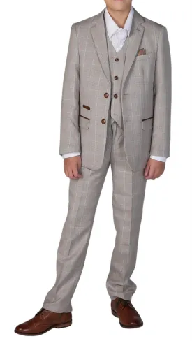 Boys Beige 3 Piece Checked Suit