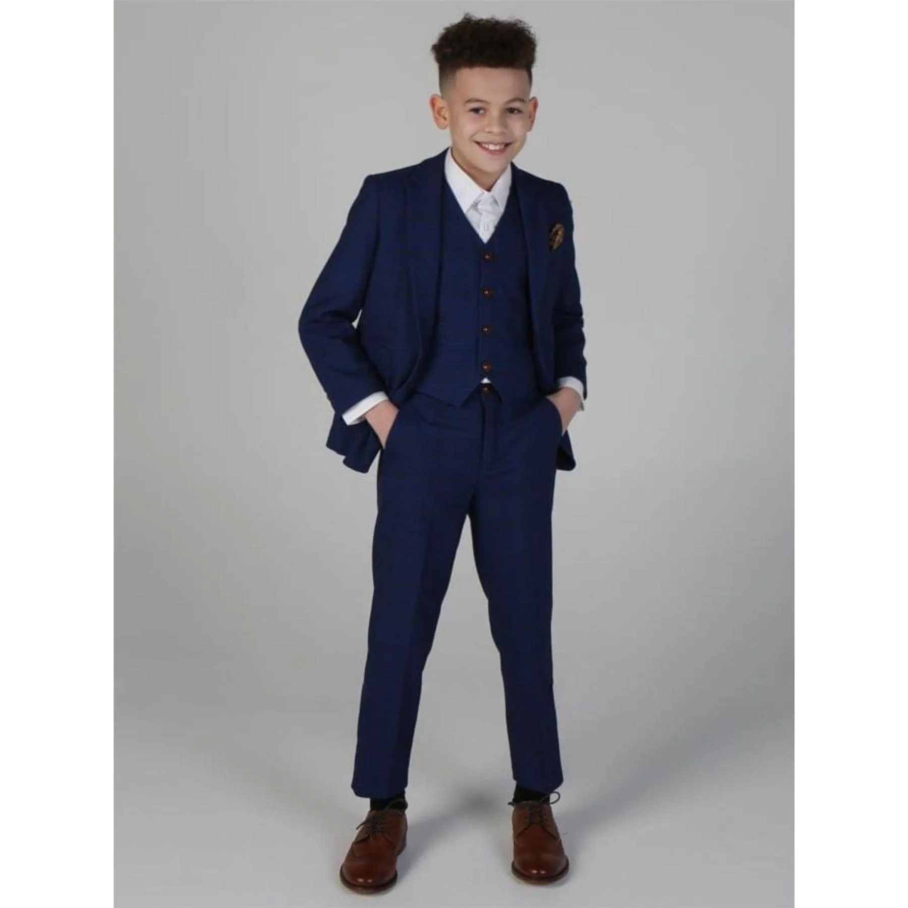 Boys Blue Brown Check 3 Piece Suit Wedding Prince Of Wales