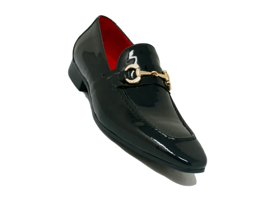 Carrucci black patent leather men's black shiny slip on dress Shoes Gold Buckle