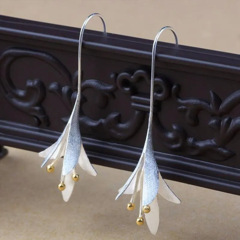 Flower Drop Earrings for Women Two Tone Design Jewelry