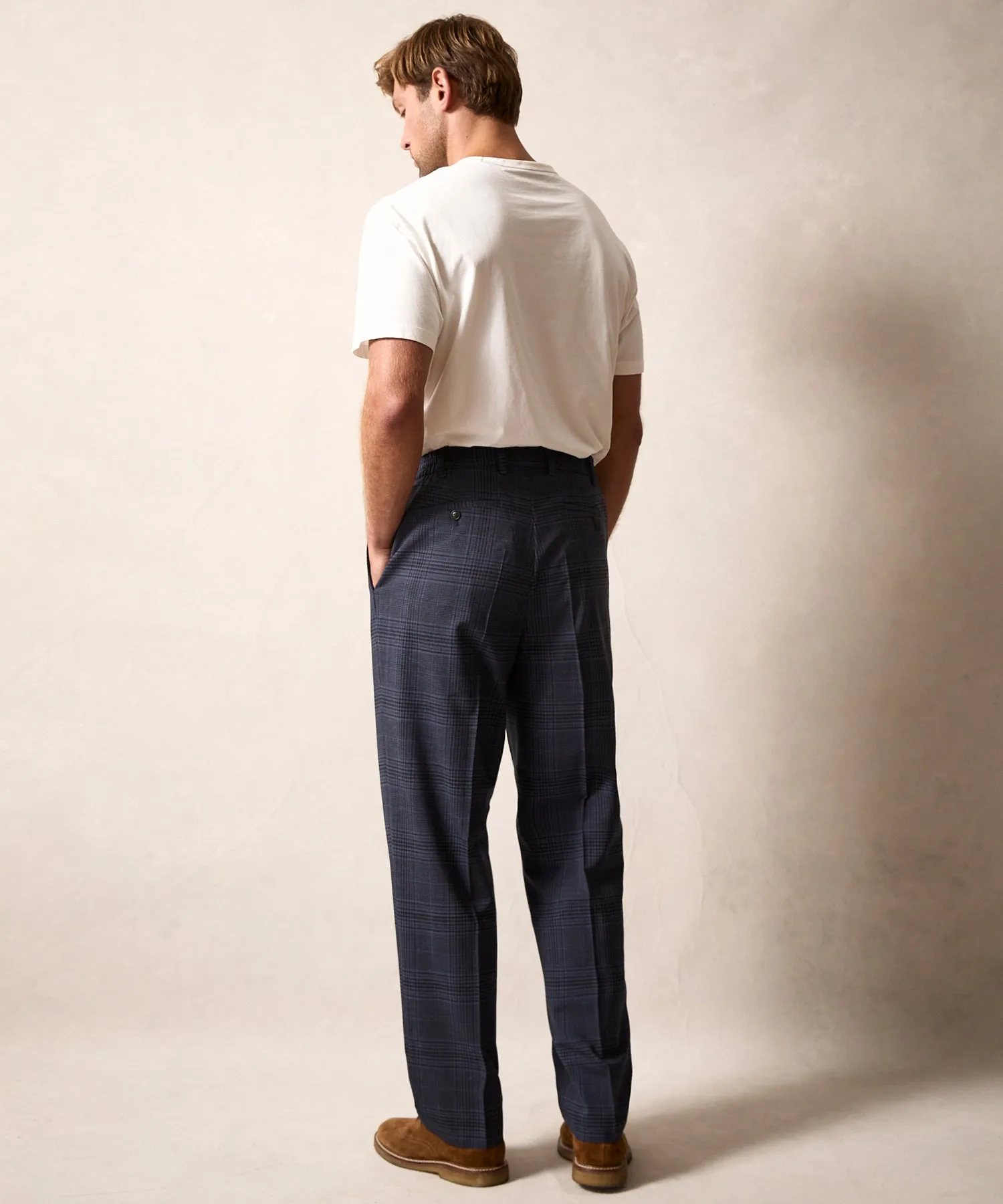 Italian Wool Side Elastic Trouser in Navy Glen Plaid