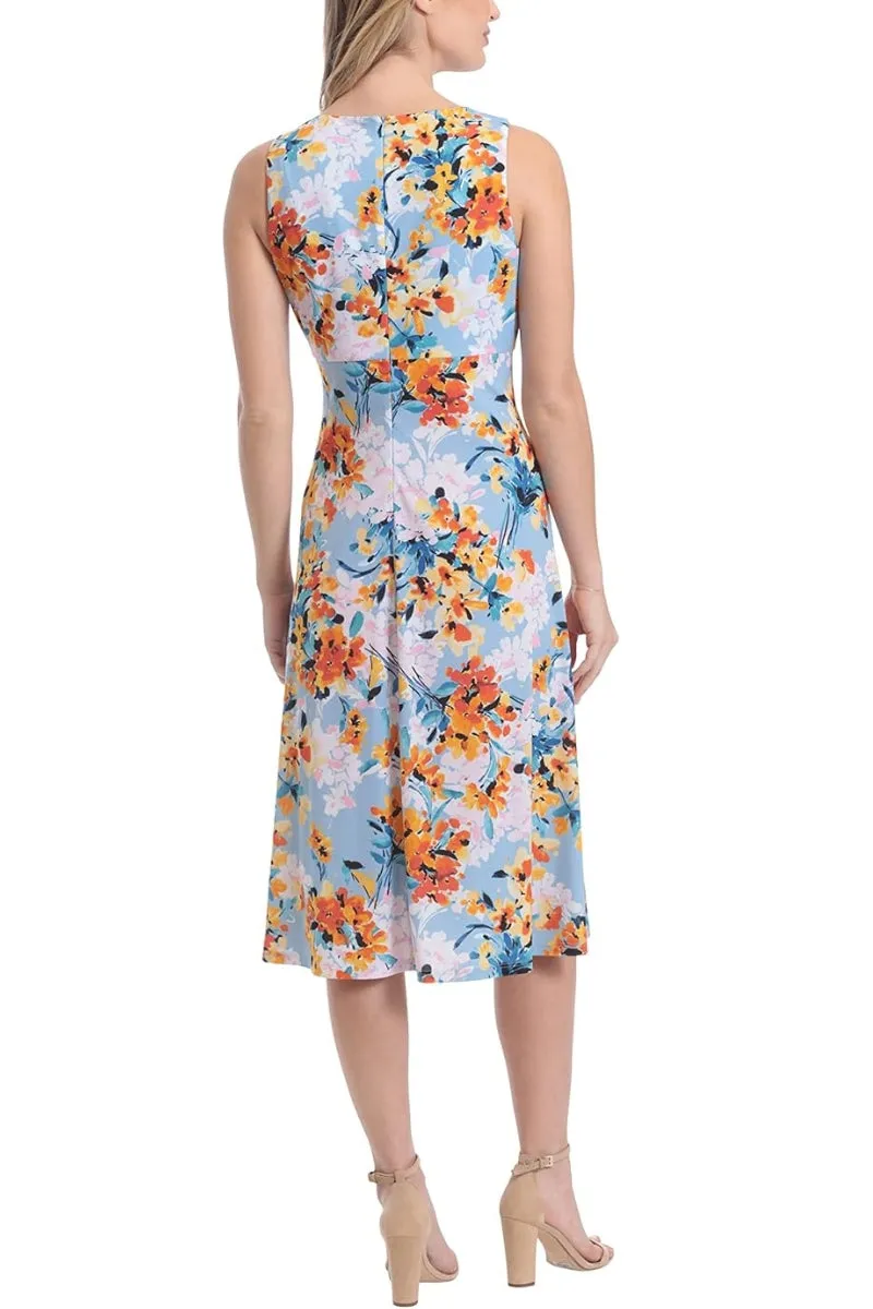 London Times Printed Sleeveless Versatile Empire A line Keyhole Neckline Midi Dress