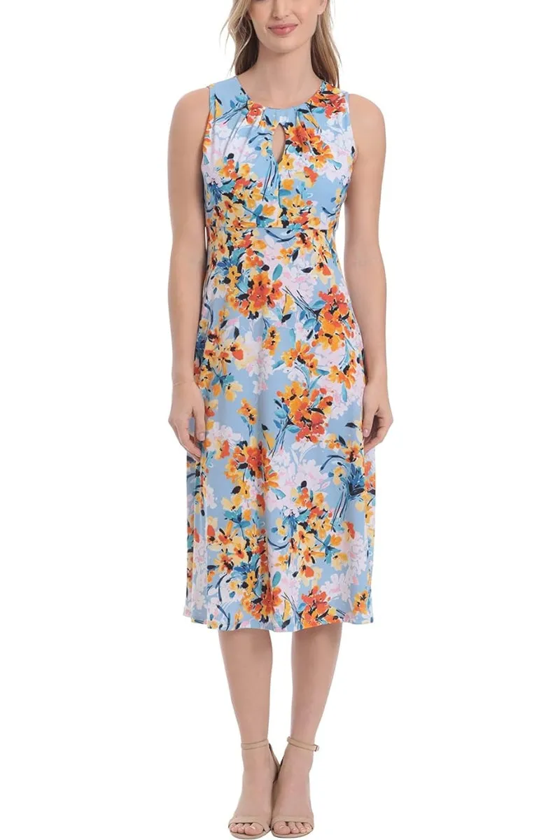 London Times Printed Sleeveless Versatile Empire A line Keyhole Neckline Midi Dress