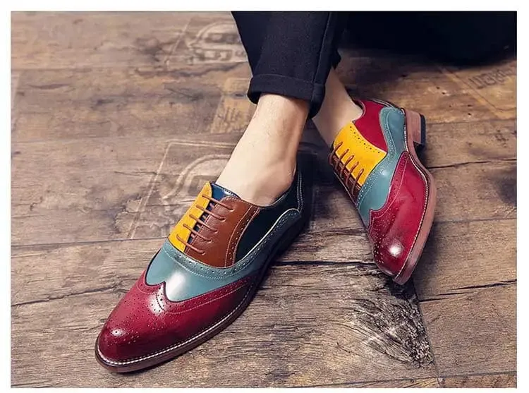 Luxury Multi-colored Premium Leather Lace-Up Business Shoes: Men's Classic Square Toe Dress Flats