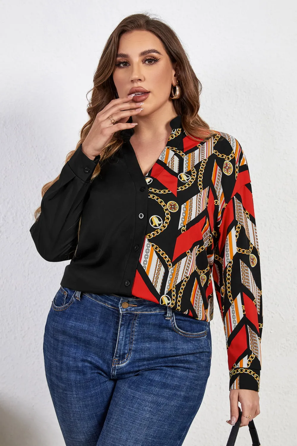 Melo Apparel Plus Size Contrast Color Notched Neck Shirt