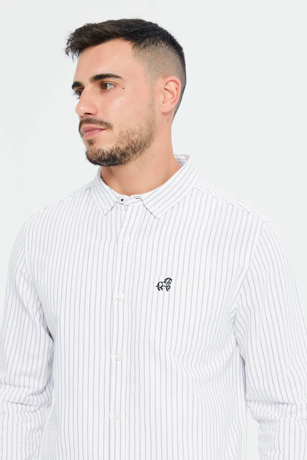 Men Grey Striped Vertical Oxford Shirt