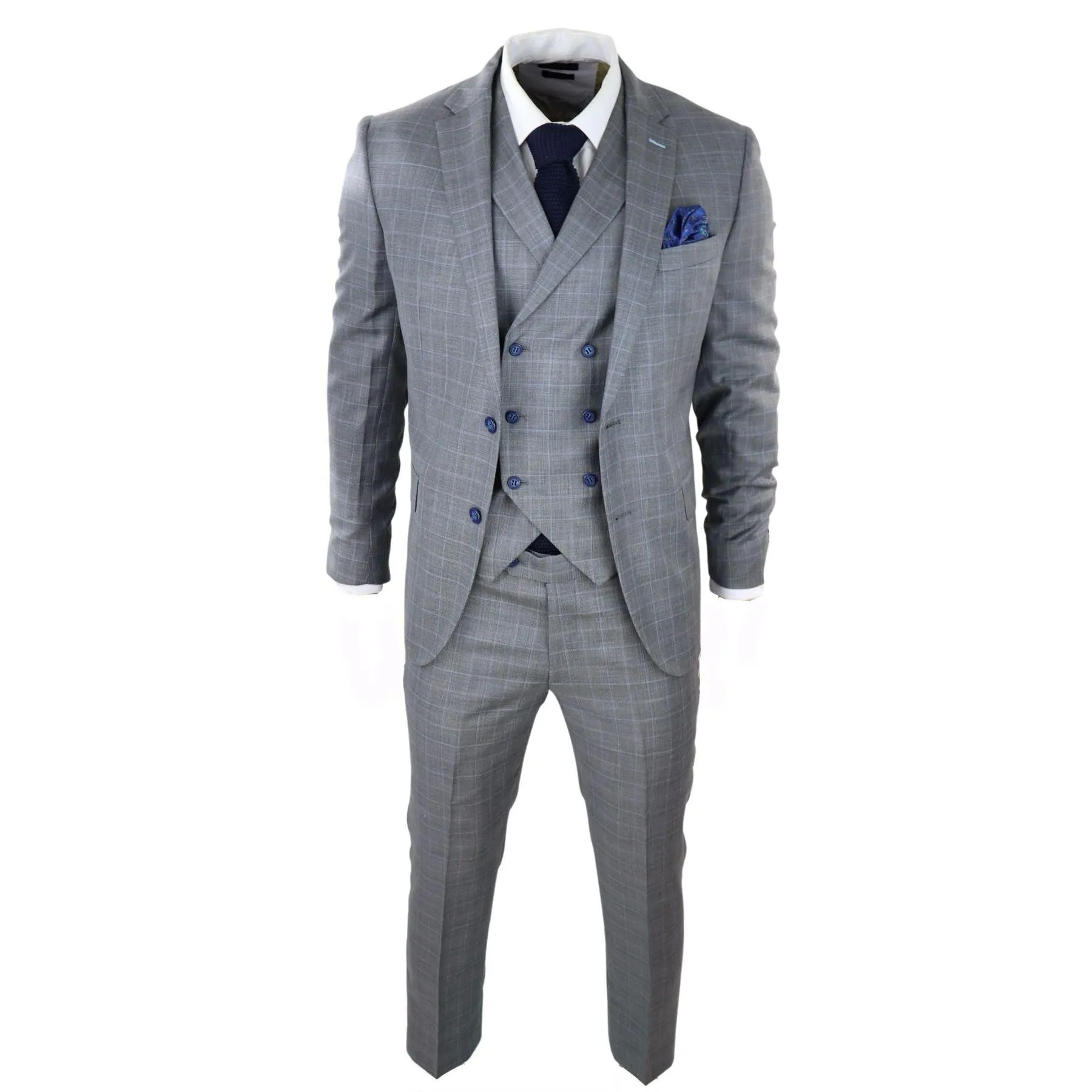 Mens Light Grey 3 Piece Suit Blue Check Double Breast Waistcoat Office Wedding Prom