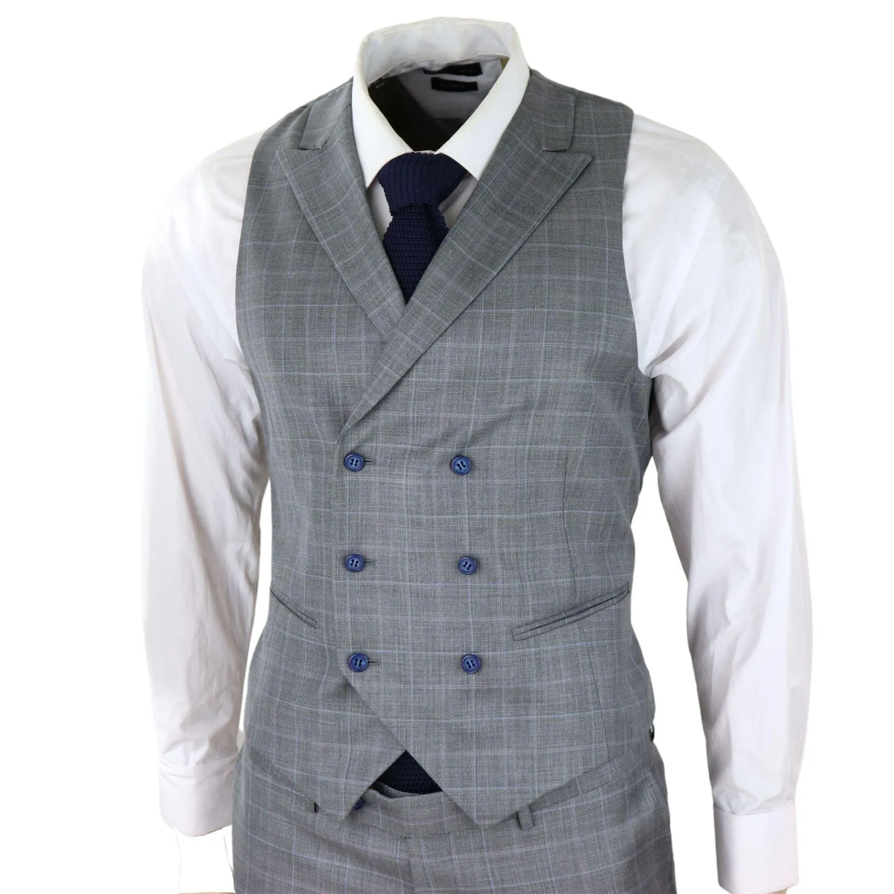 Mens Light Grey 3 Piece Suit Blue Check Double Breast Waistcoat Office Wedding Prom