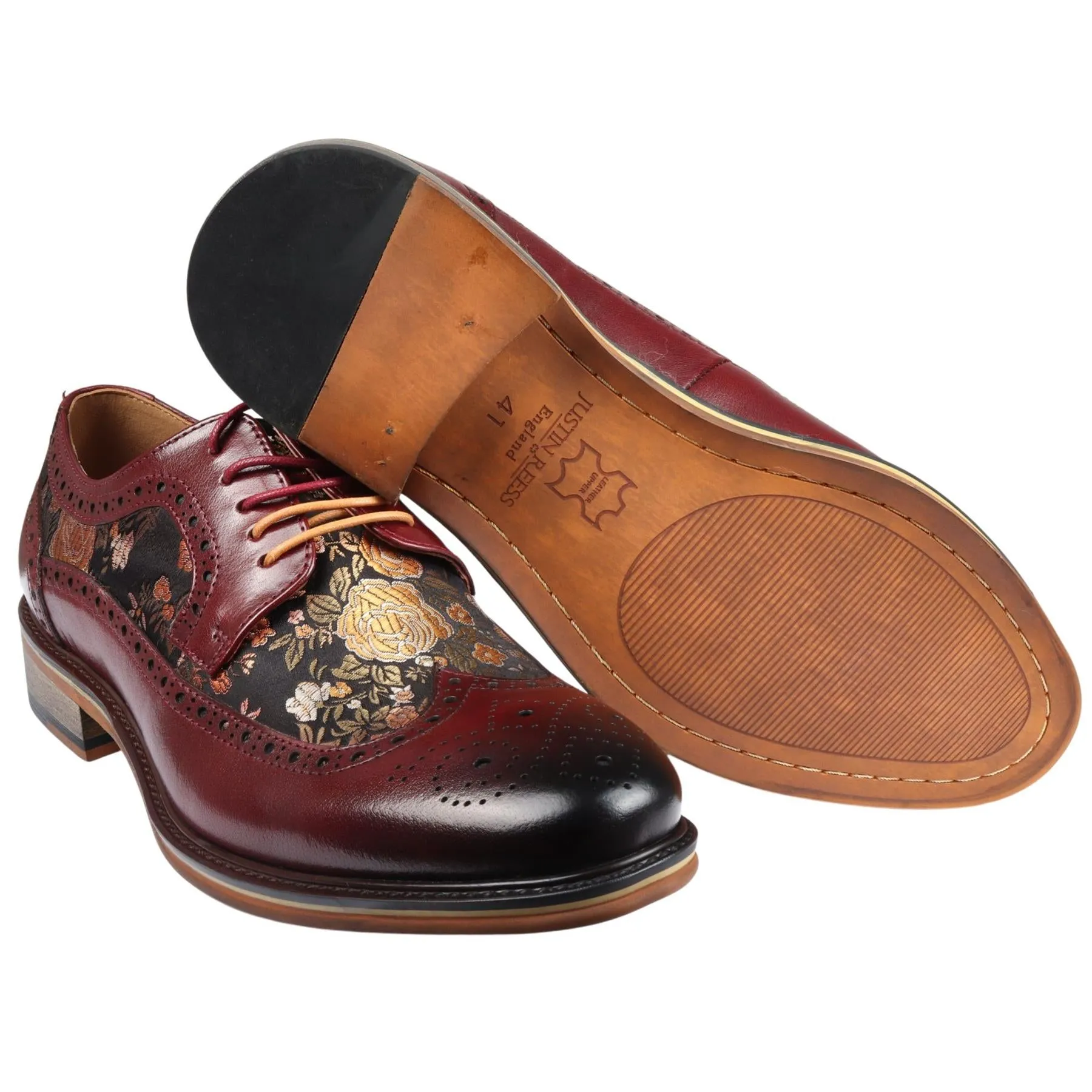 Men's Shoes Floral Print Leather Oxford Brogue Lace Up Formal Dress Shoe