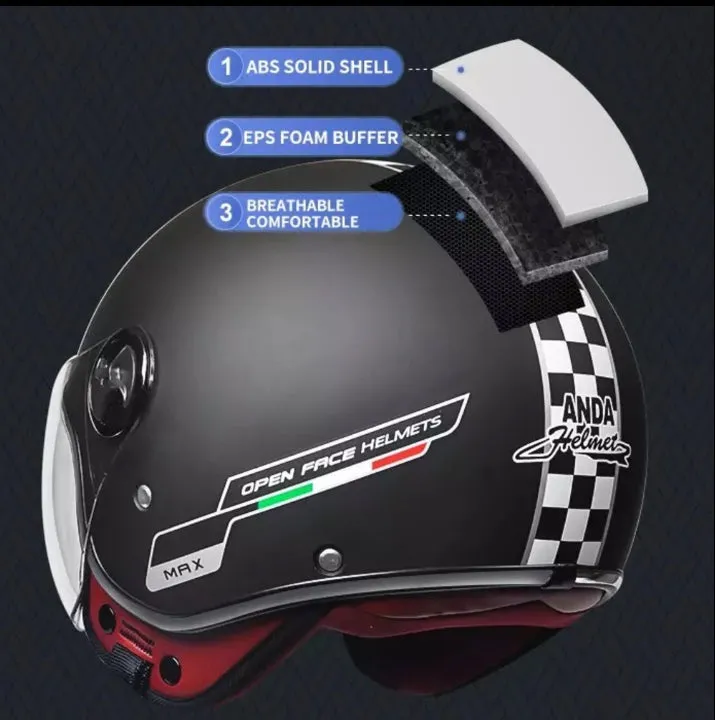 NWT Helmet - His & Her M/L Prix Black Racer   white racing checks w brick red interior ABS - dot certified motorcycle safety w clear visor