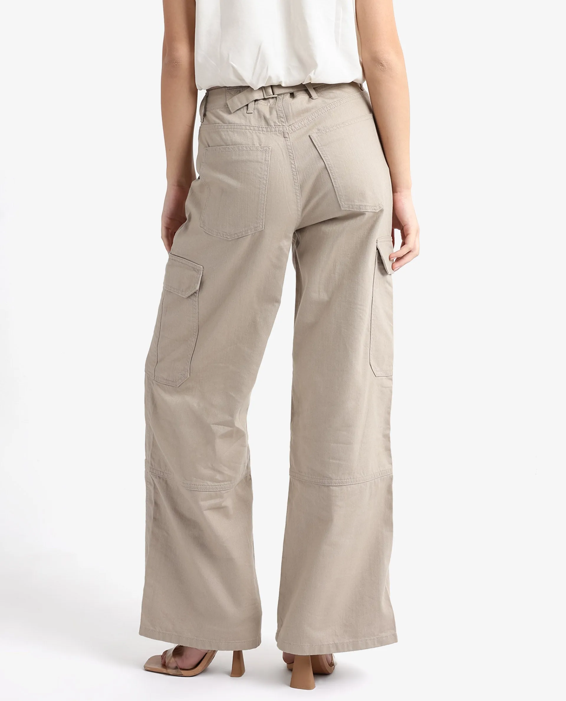 Rareism Women Itsiz Off Beige Wide Ankle Length Broad Stripes Cargo Trouser