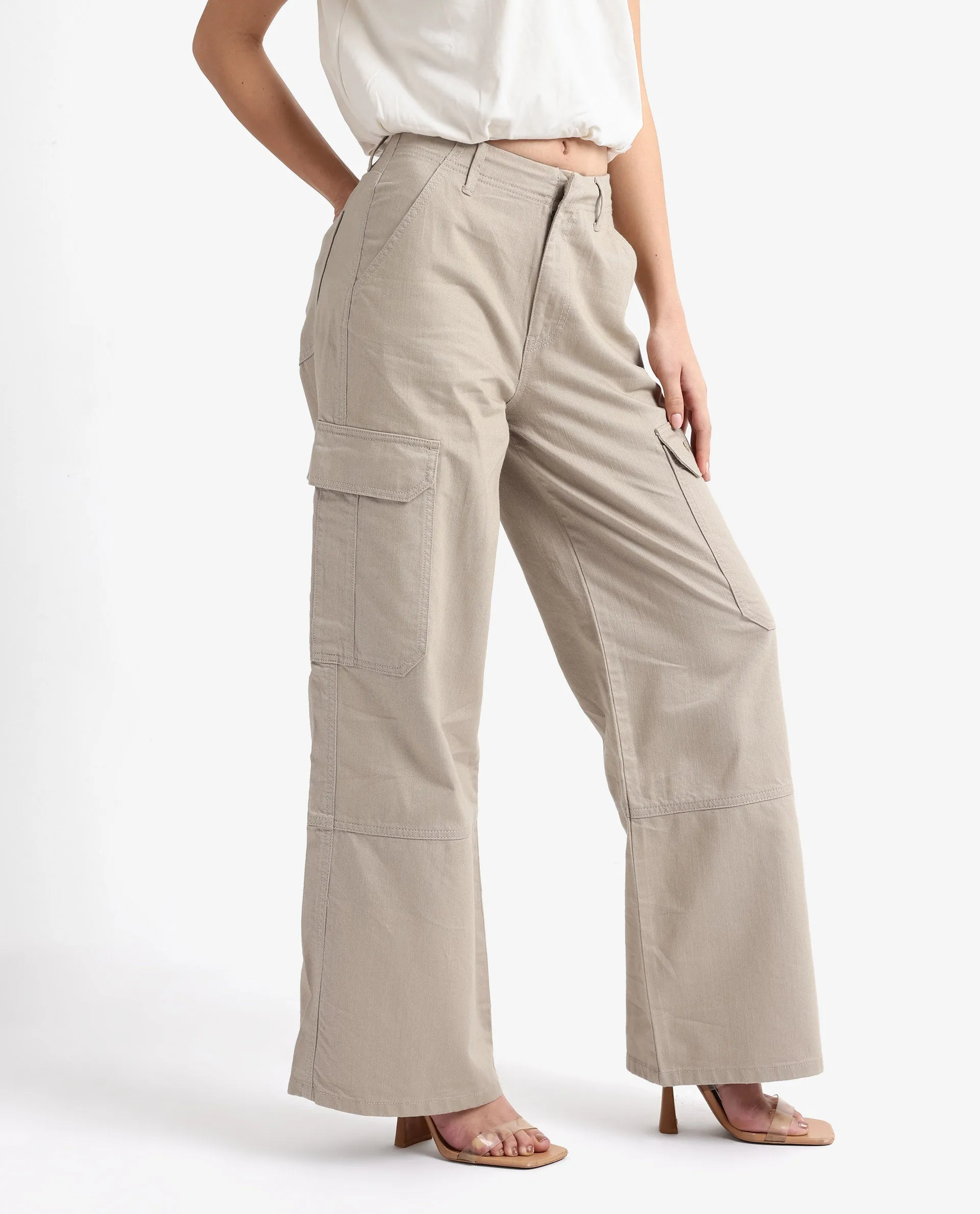 Rareism Women Itsiz Off Beige Wide Ankle Length Broad Stripes Cargo Trouser