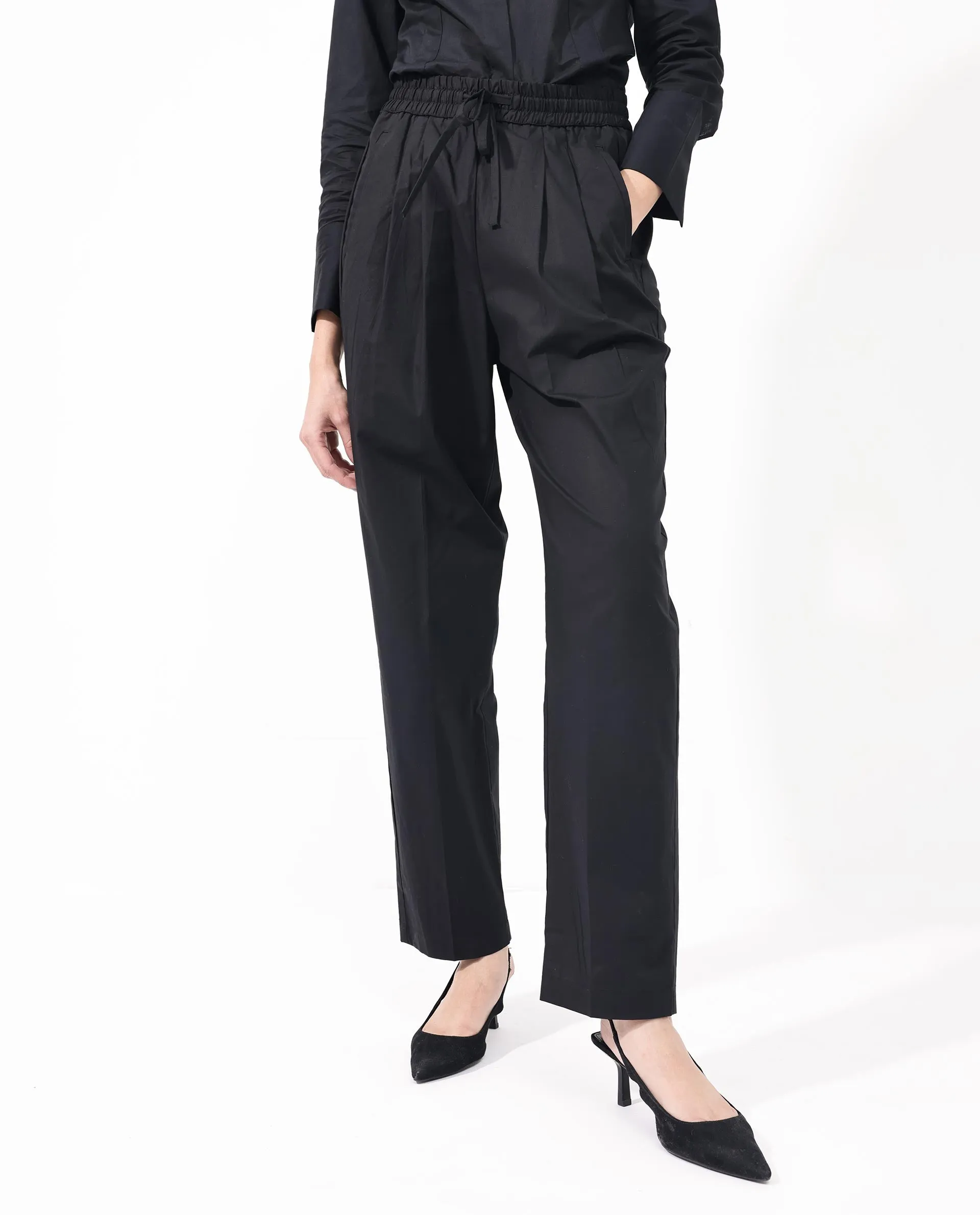 Rareism Women Juven Black Cotton Fabric Regular Length Trouser