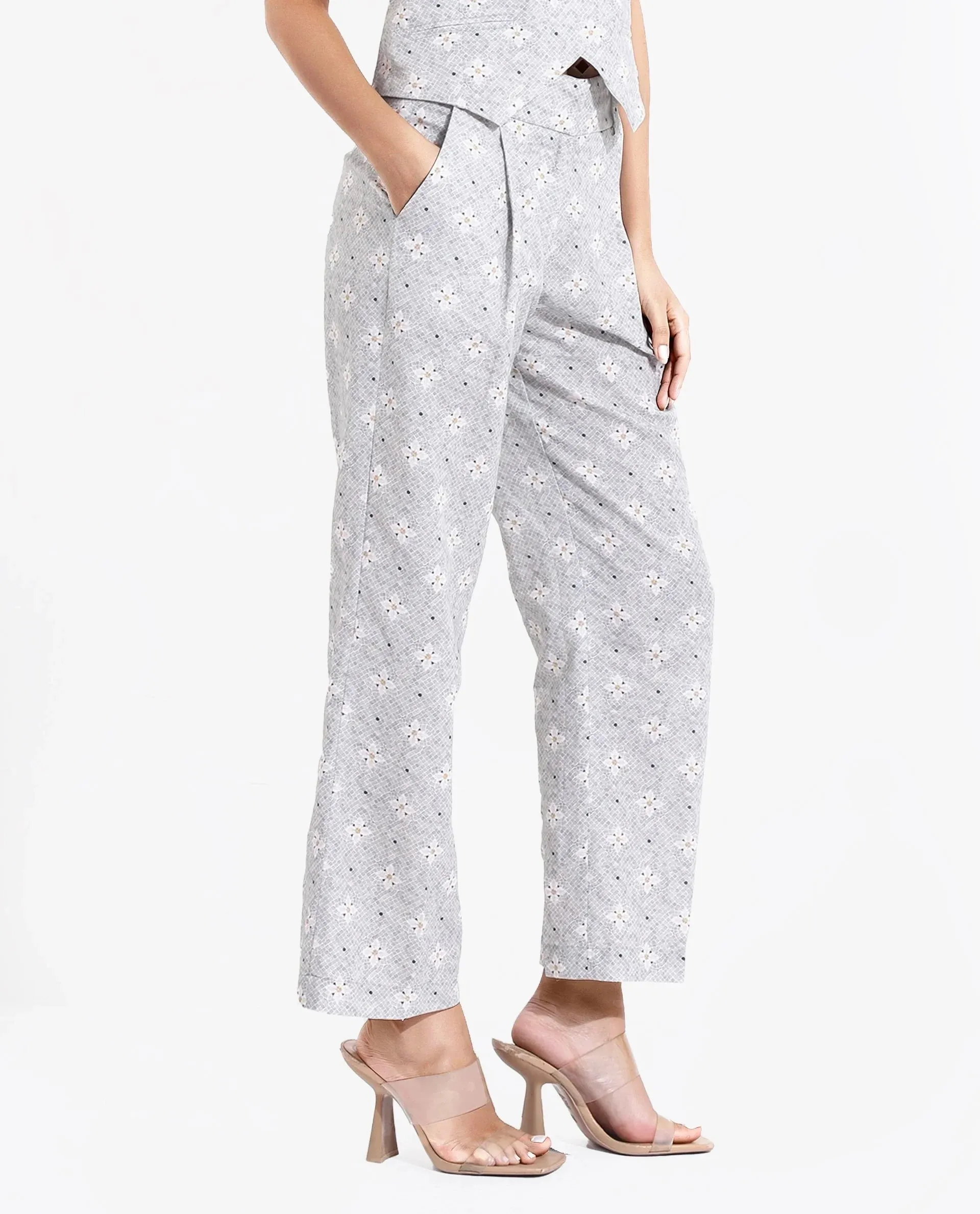 Rareism Women Kuzal Light Grey  Straight Fit Ankle Length Floral Print Trouser