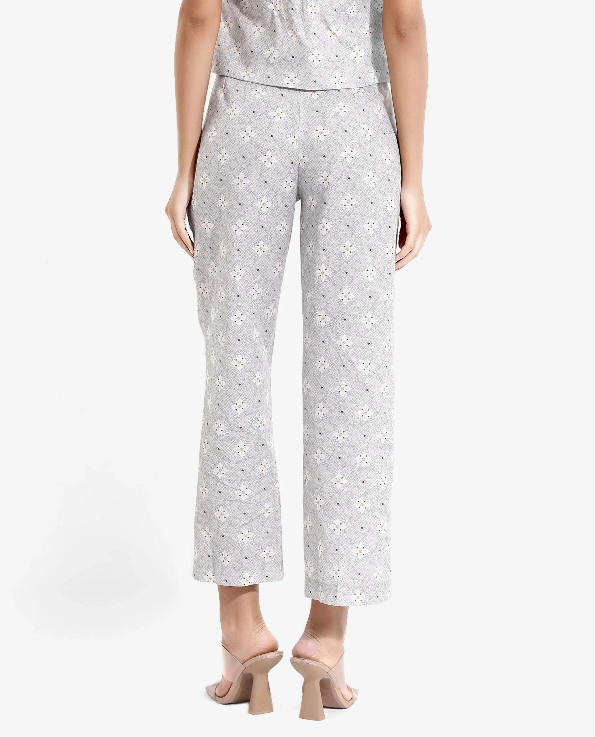 Rareism Women Kuzal Light Grey  Straight Fit Ankle Length Floral Print Trouser