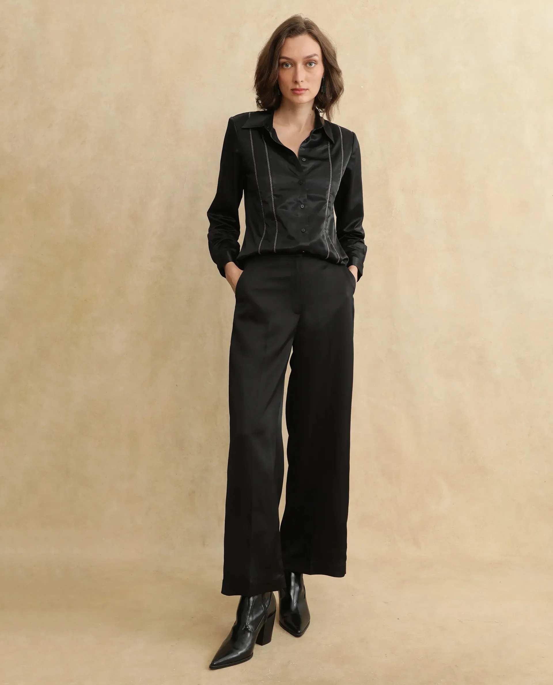 Rareism Women Nevter-B Black Hook Closure Straight Fit Plain Trouser