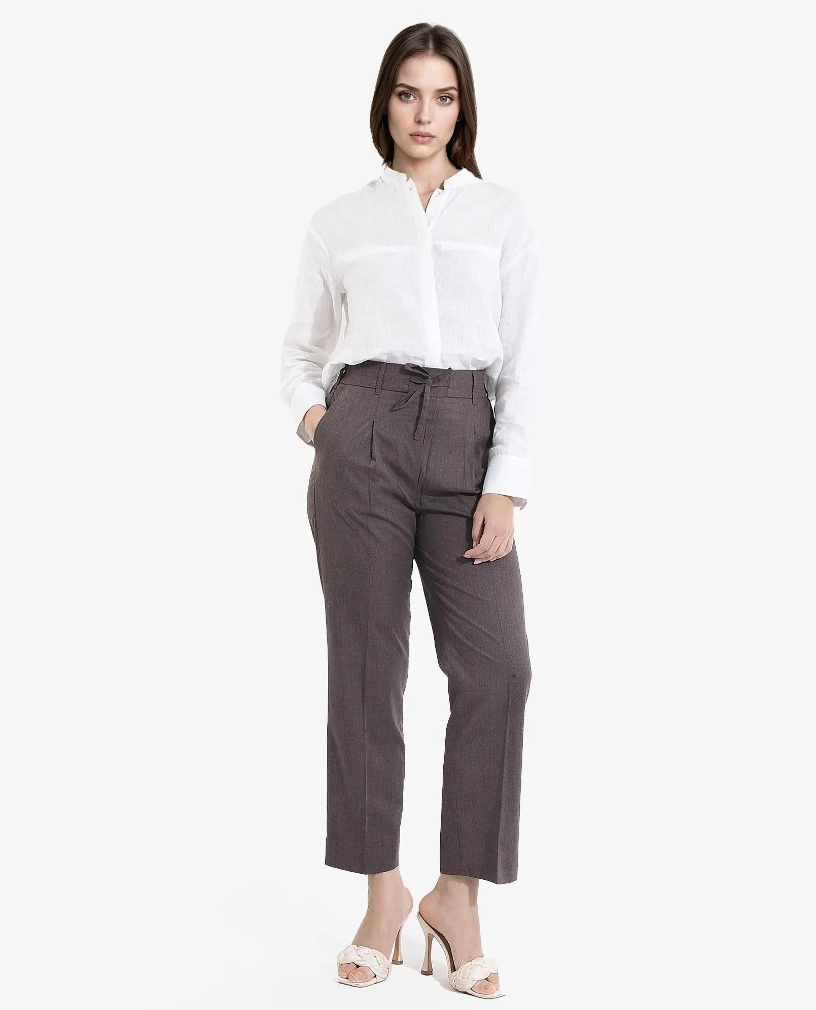 Rareism Women Tiza Brown Tie-Up Closure Straight Fit Ankle Length Plain Trouser