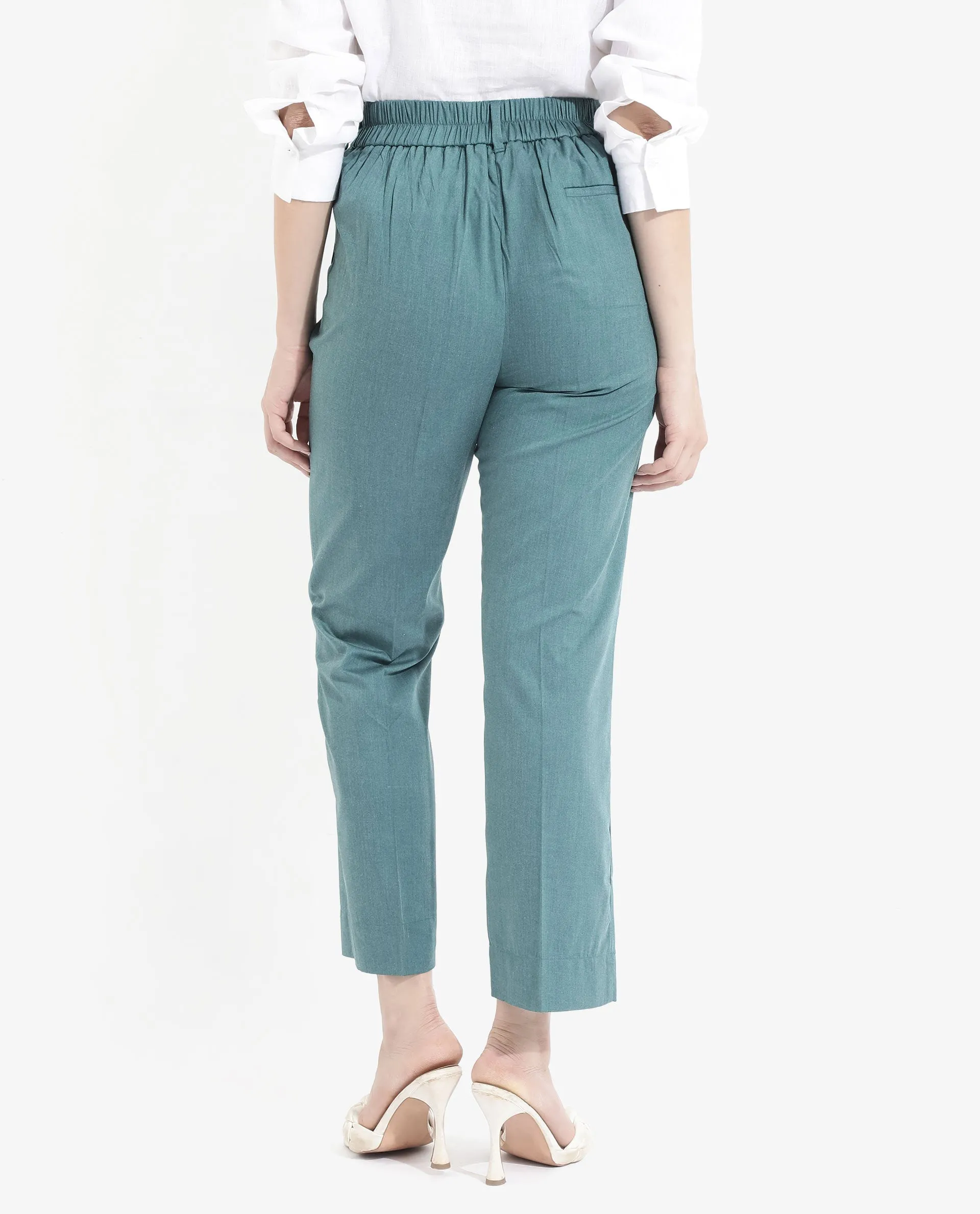 Rareism Women Tiza Green Tie-Up Closure Straight Fit Ankle Length Plain Trouser