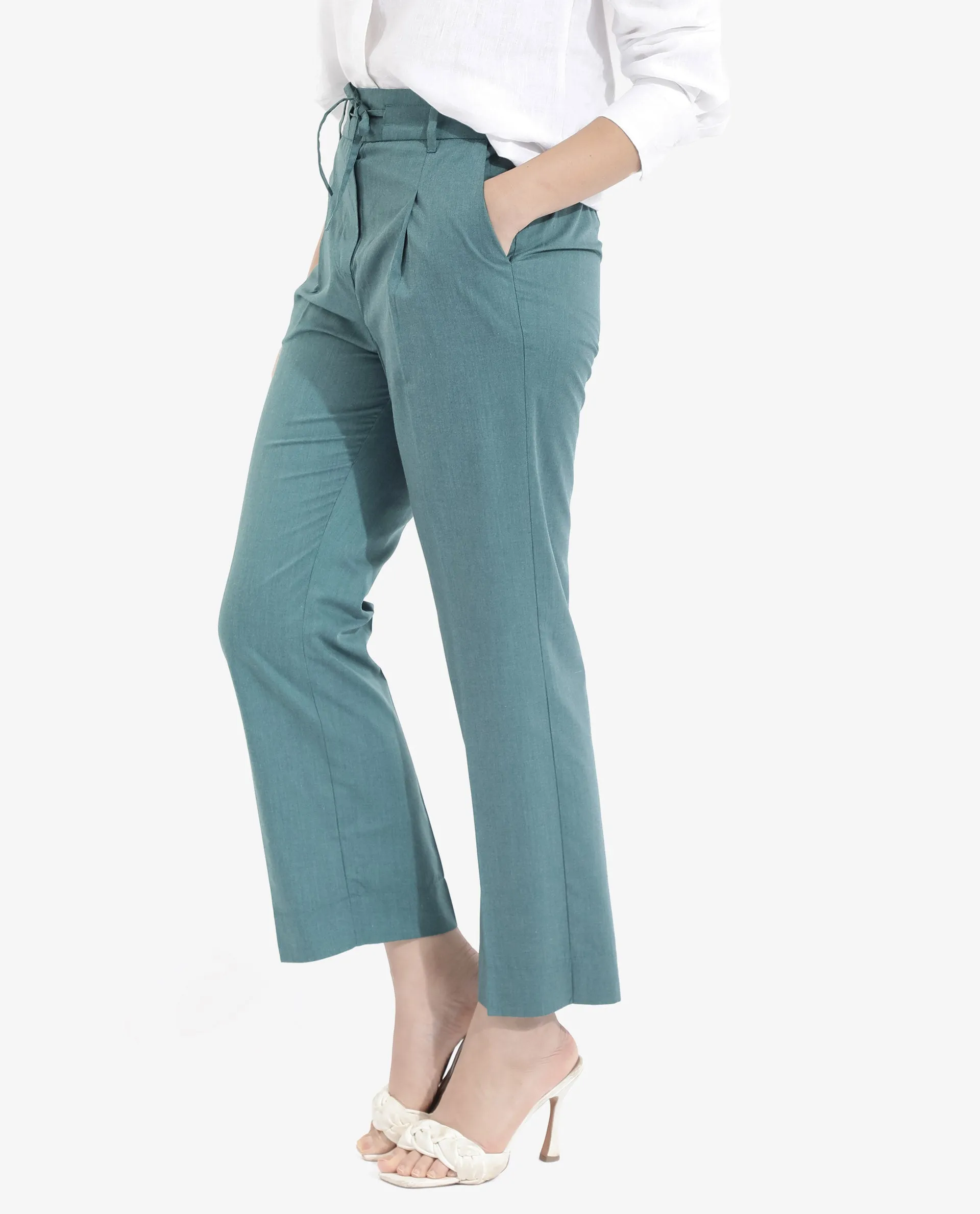 Rareism Women Tiza Green Tie-Up Closure Straight Fit Ankle Length Plain Trouser