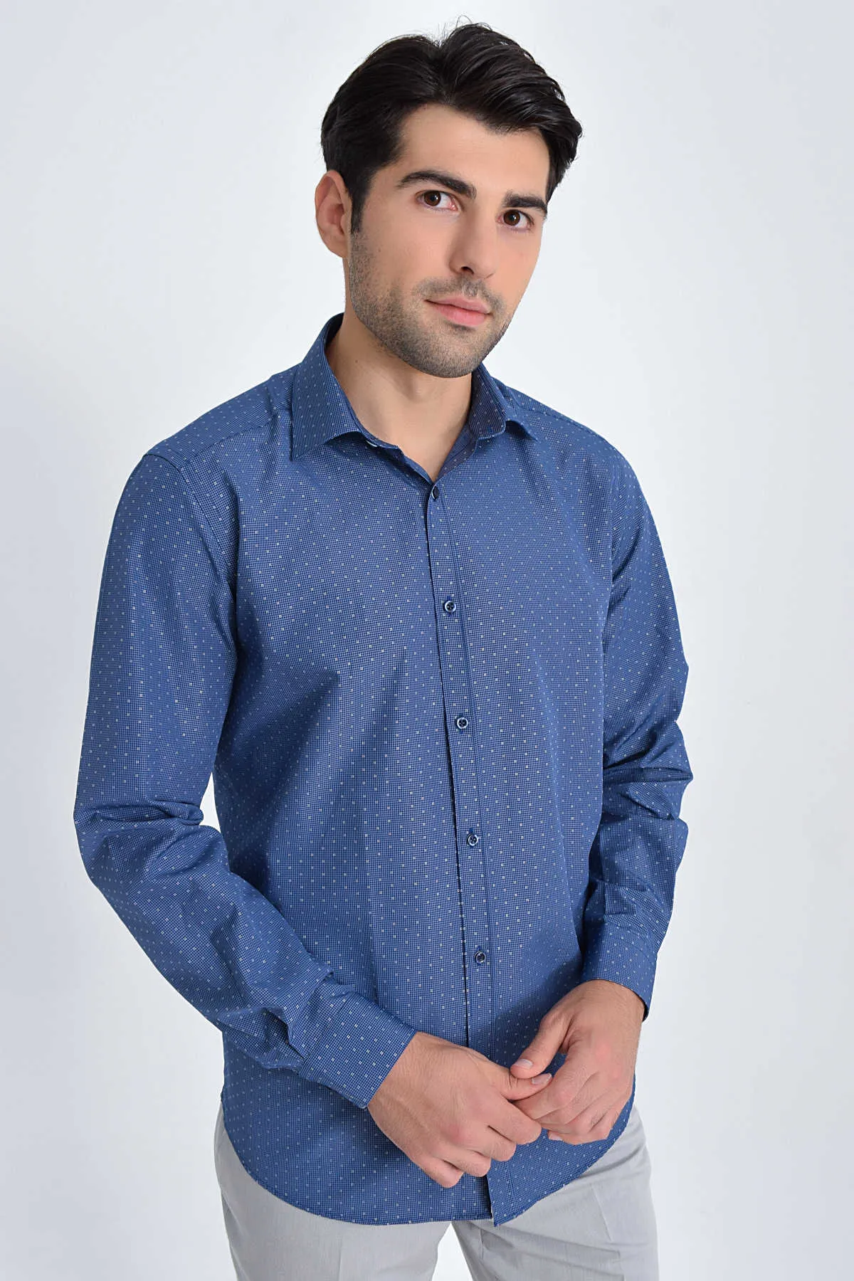 Regular Fit Patterned Cotton Blend Dress Shirt, Navy P