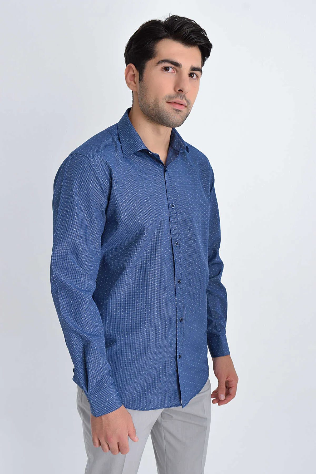 Regular Fit Patterned Cotton Blend Dress Shirt, Navy P