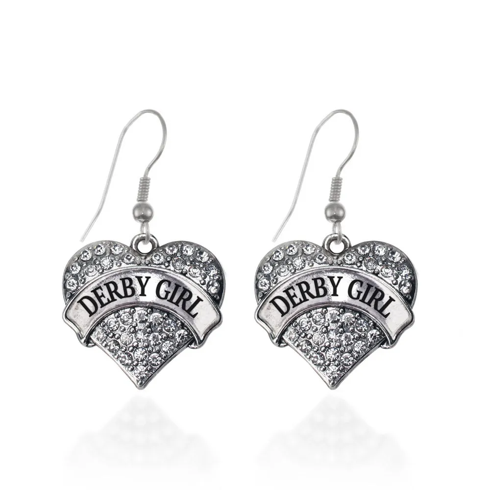 Silver Derby Girl Pave Heart Charm Dangle Earrings