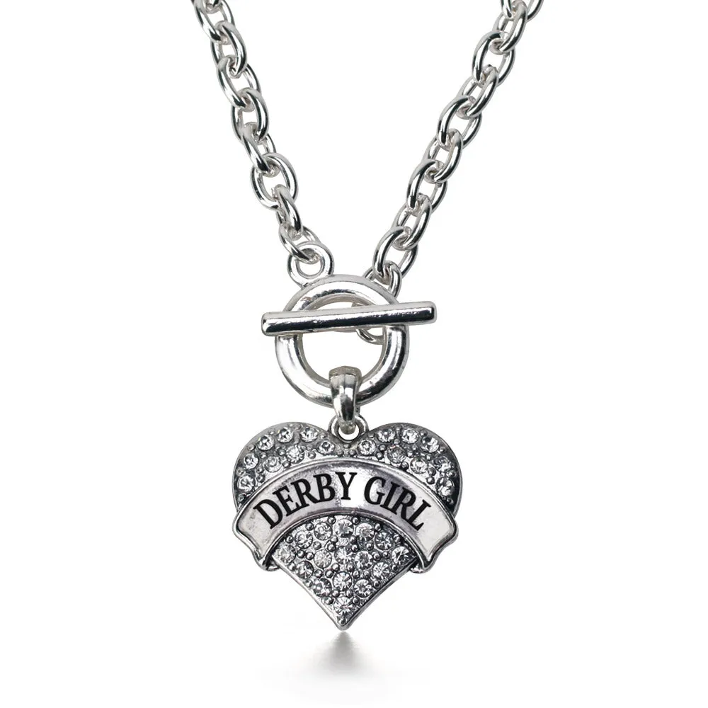 Silver Derby Girl Pave Heart Charm Toggle Necklace