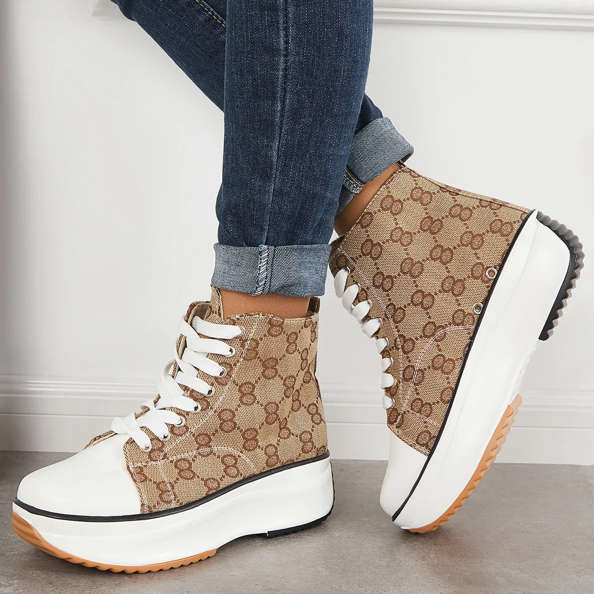 Sohiwoo  sneaker Casual Brown Platform High Top Canvas Sneakers