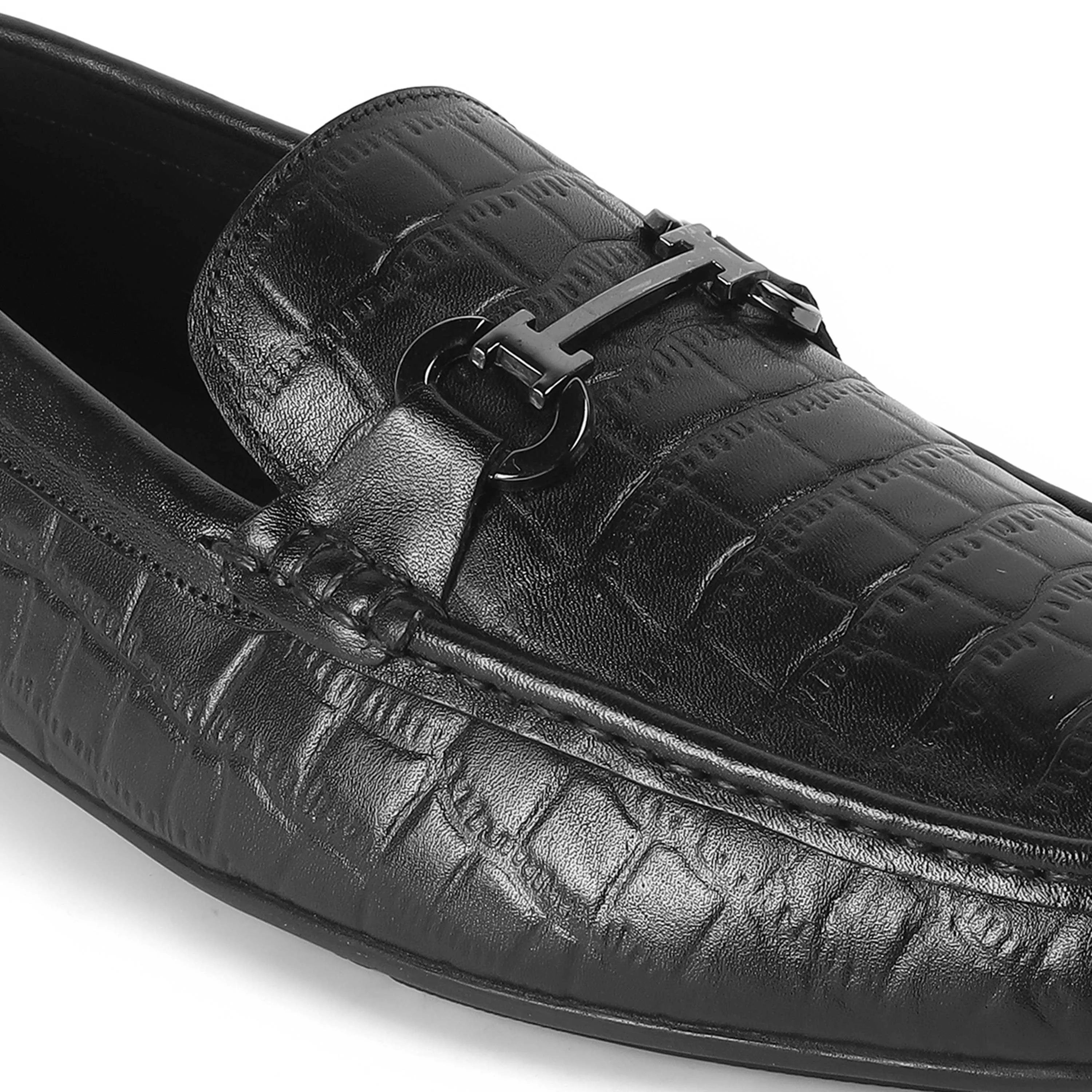 Tresmode Oxile Black Men's Textured Leather Loafers