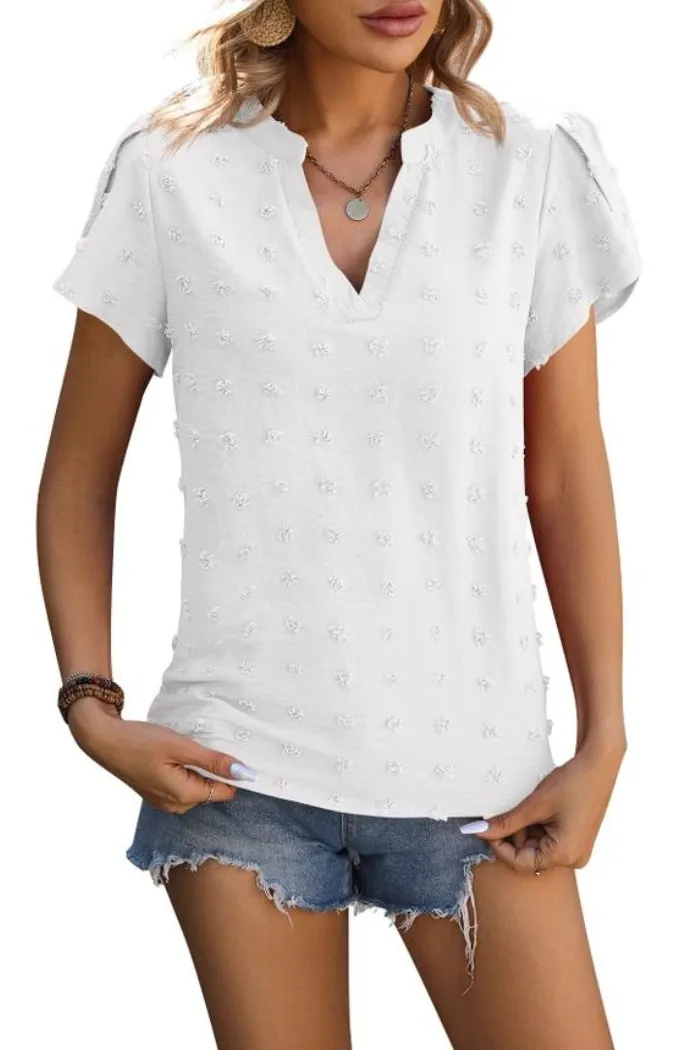 V-Neck Chiffon Swiss Dot Top with Petal Sleeves Shirt