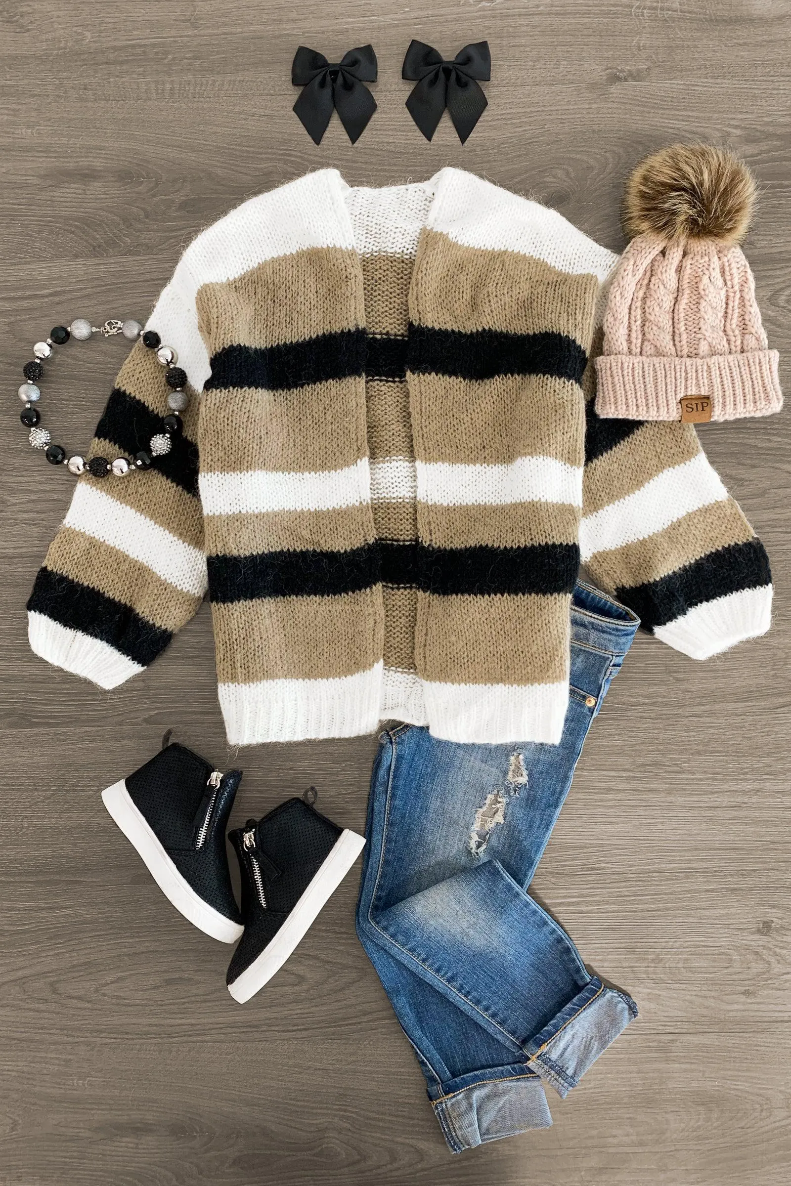 White & Tan Striped Cardigan