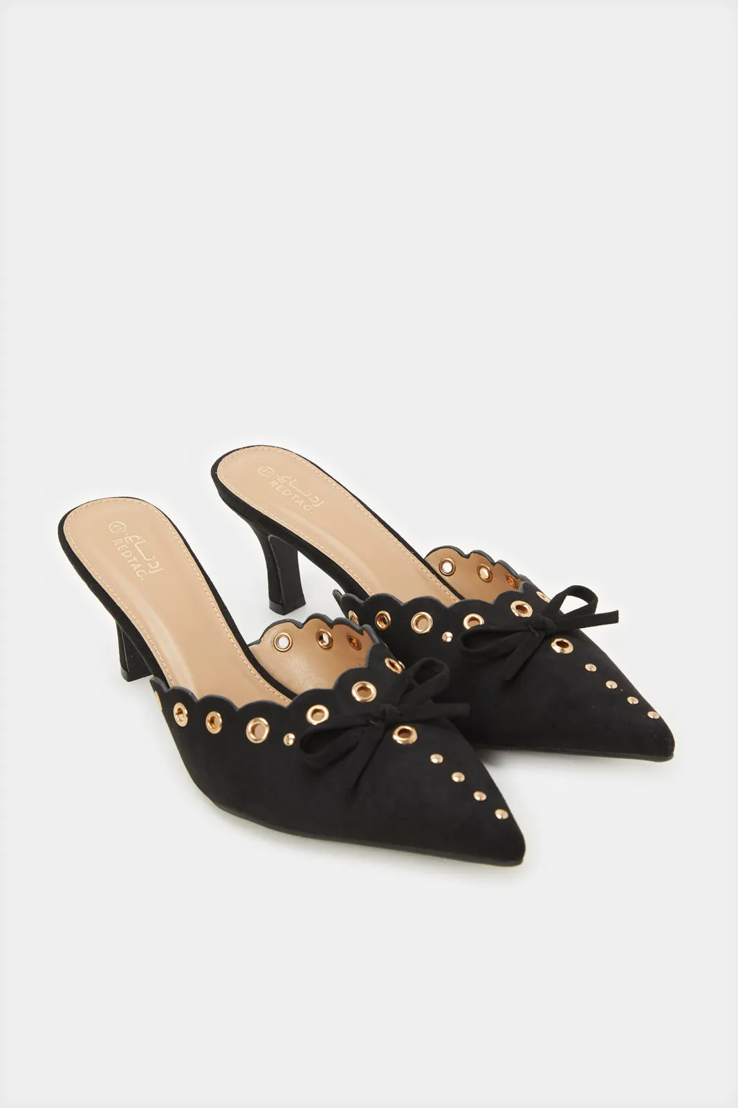 Women Black Mule With Eyelet Trim Heels