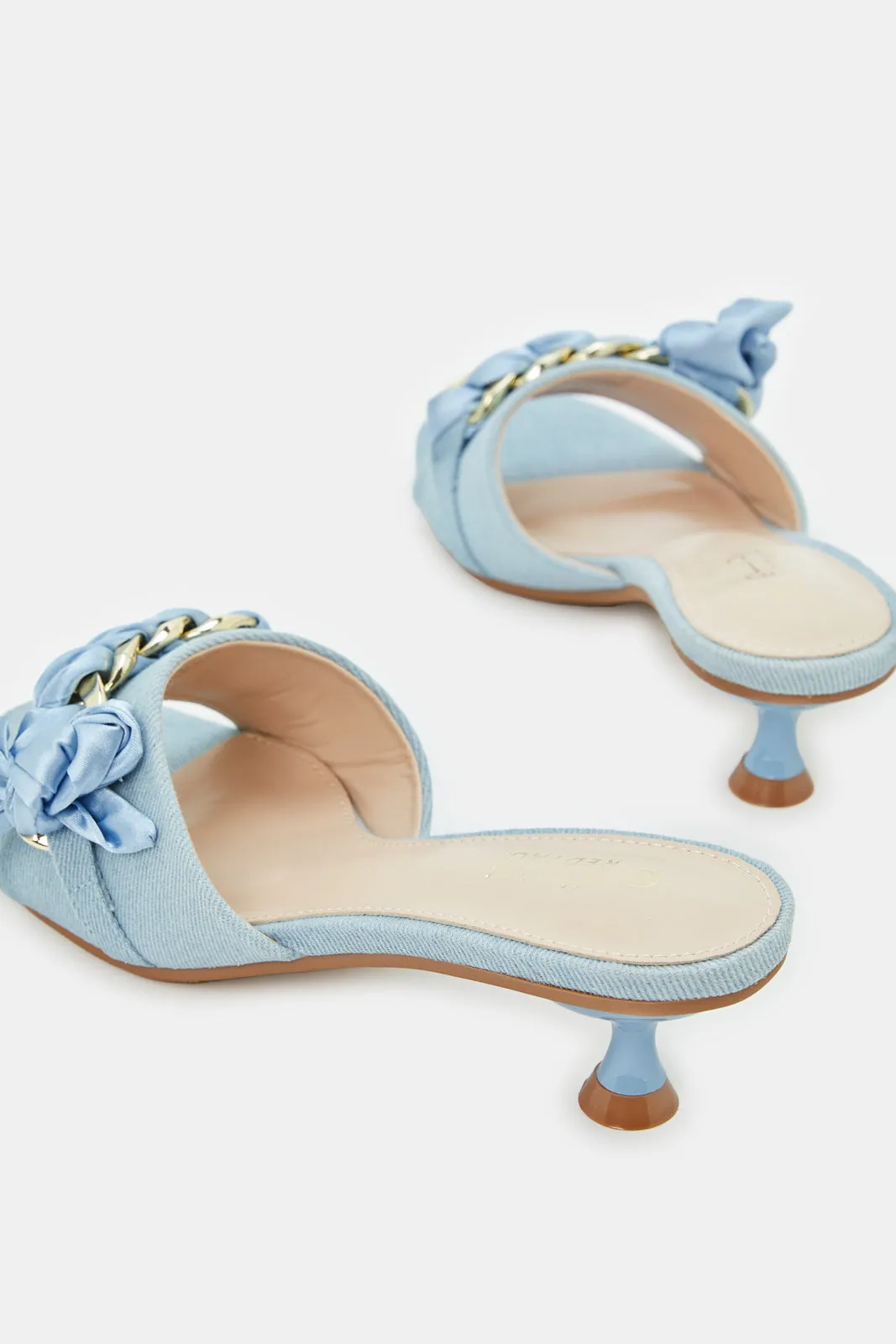 Women Blue Denim Chain Trim Mule