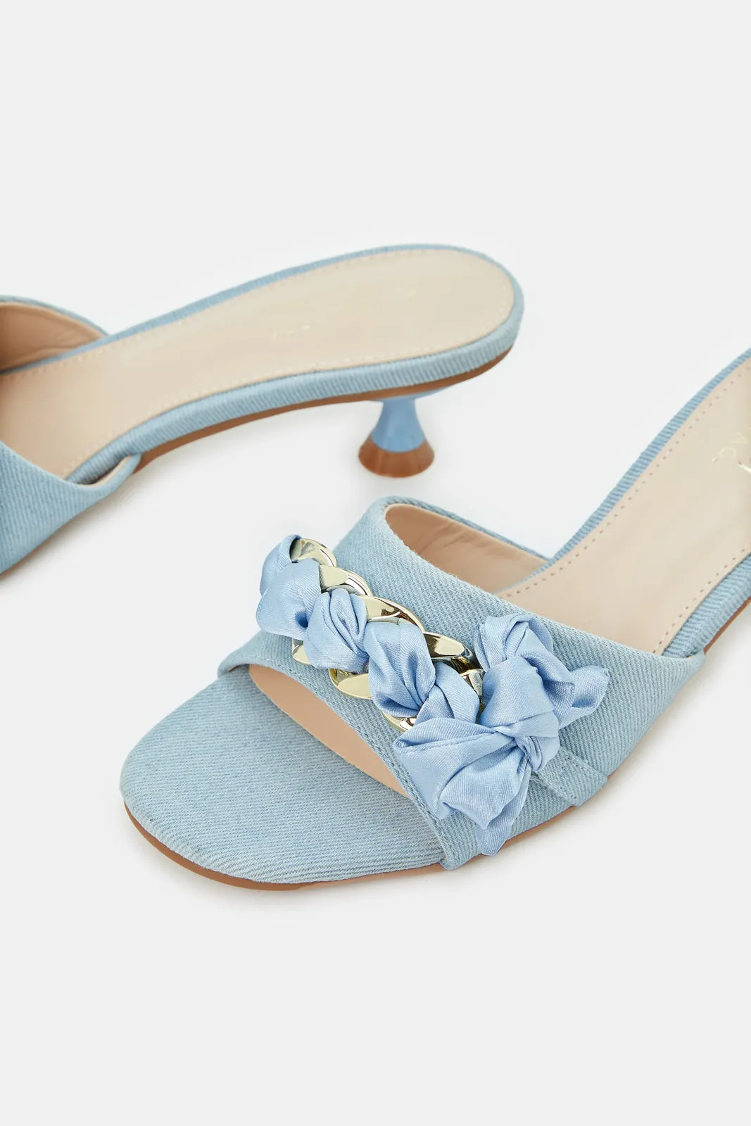 Women Blue Denim Chain Trim Mule