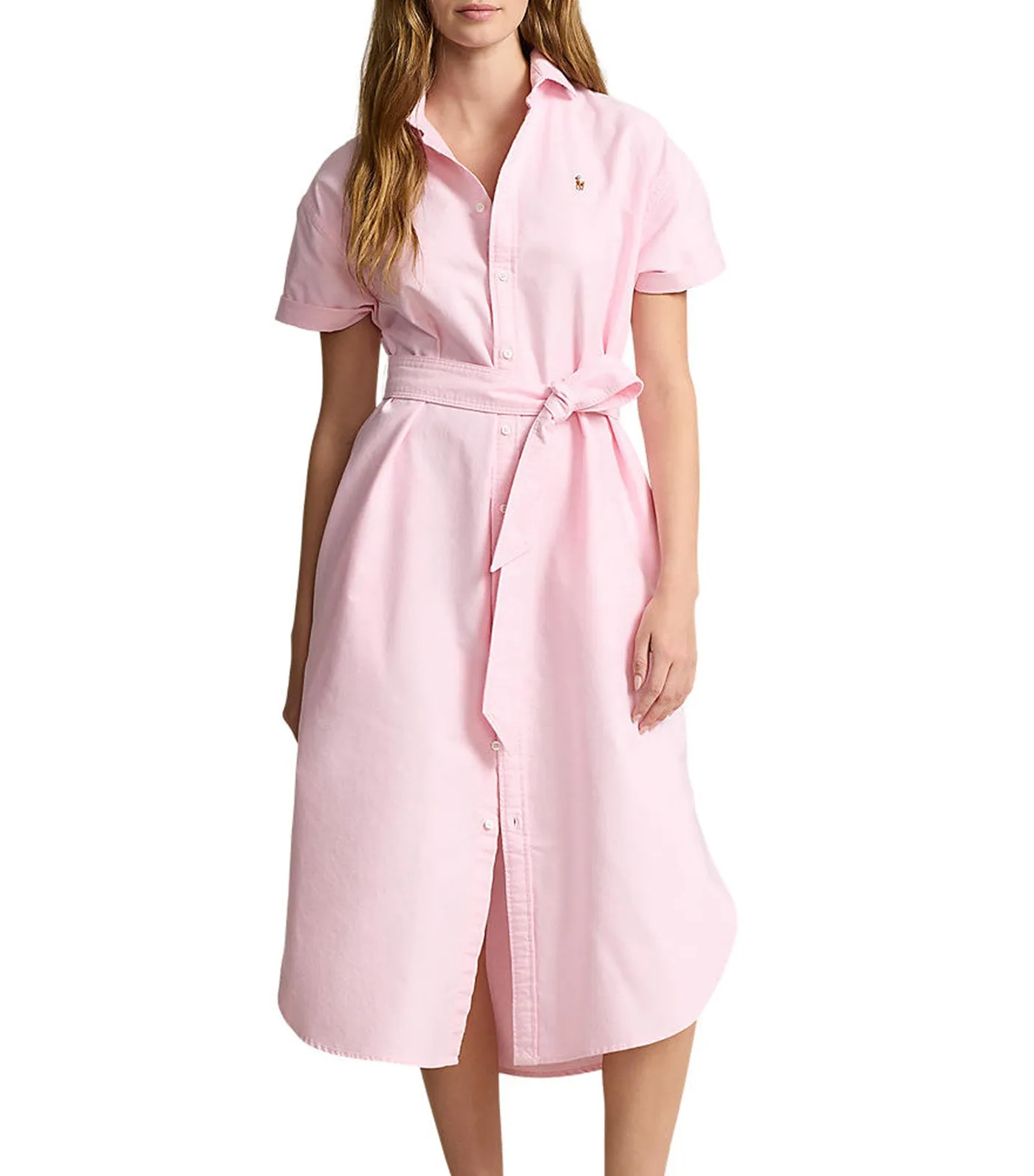 Women's Belted Short-Sleeve Oxford Shirtdress Bath Pink