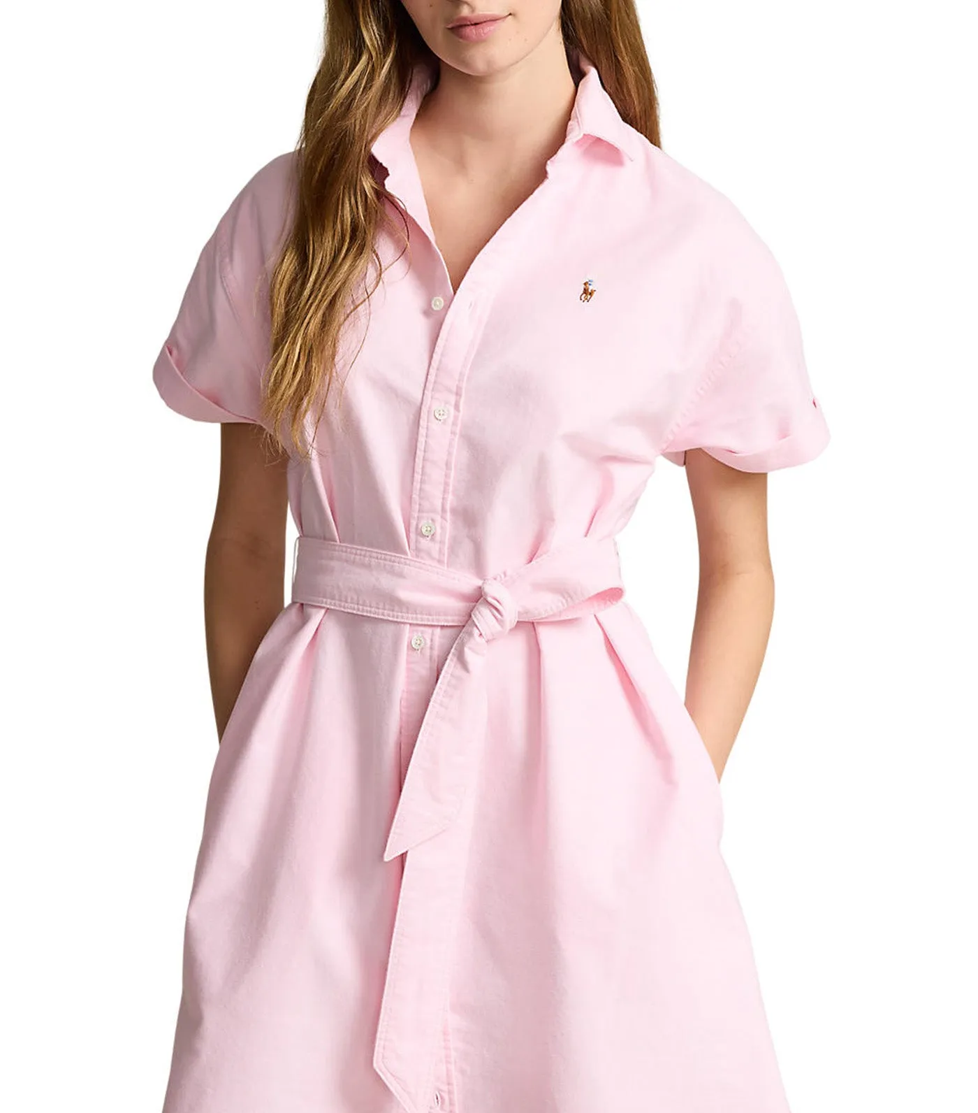 Women's Belted Short-Sleeve Oxford Shirtdress Bath Pink